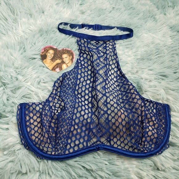 Victoria's Secret Women's Blue High Neck Unlined Bra Fish Net 32 D - Picture 1 of 6